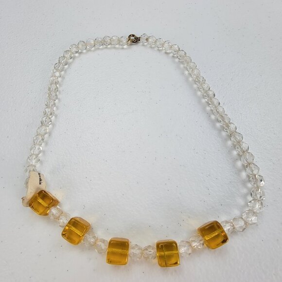 Czechoslovakia Crystal Necklace Amber And Clear Color 17 in Spring Ring Clasp - Picture 7 of 10